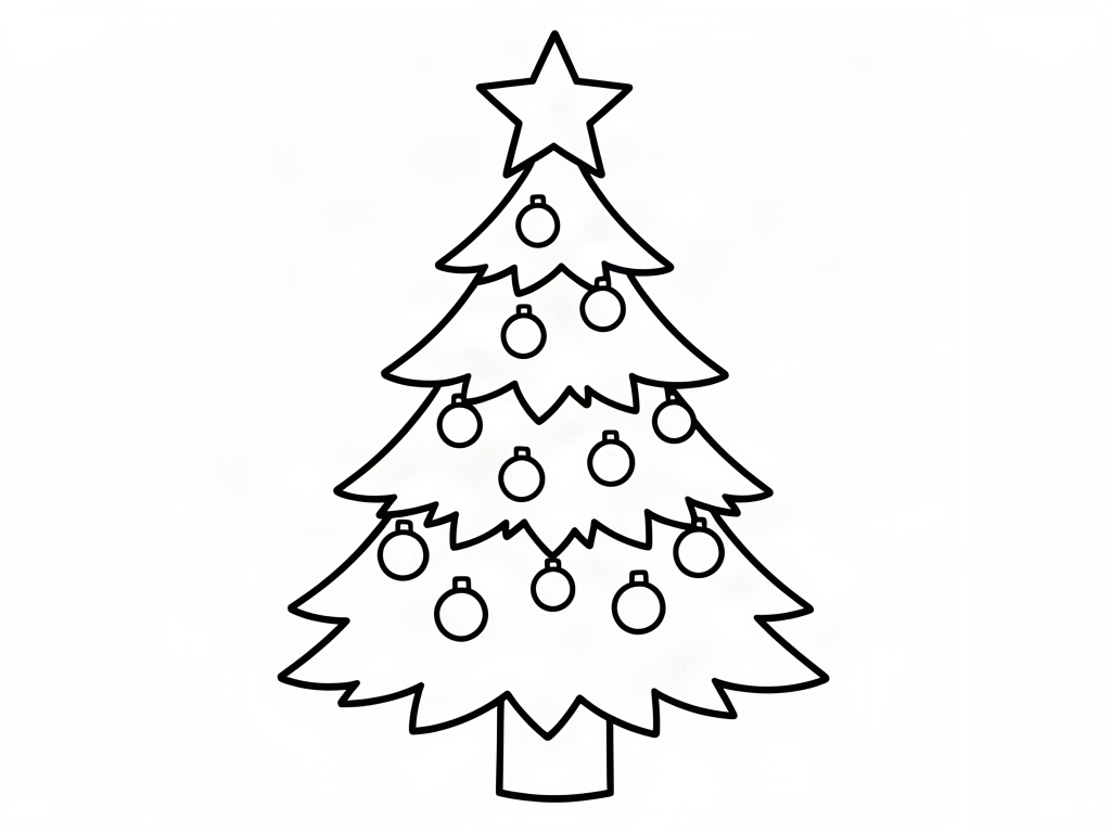 Classic Christmas tree with a star on top and round ornaments, Christmas tree coloring page
