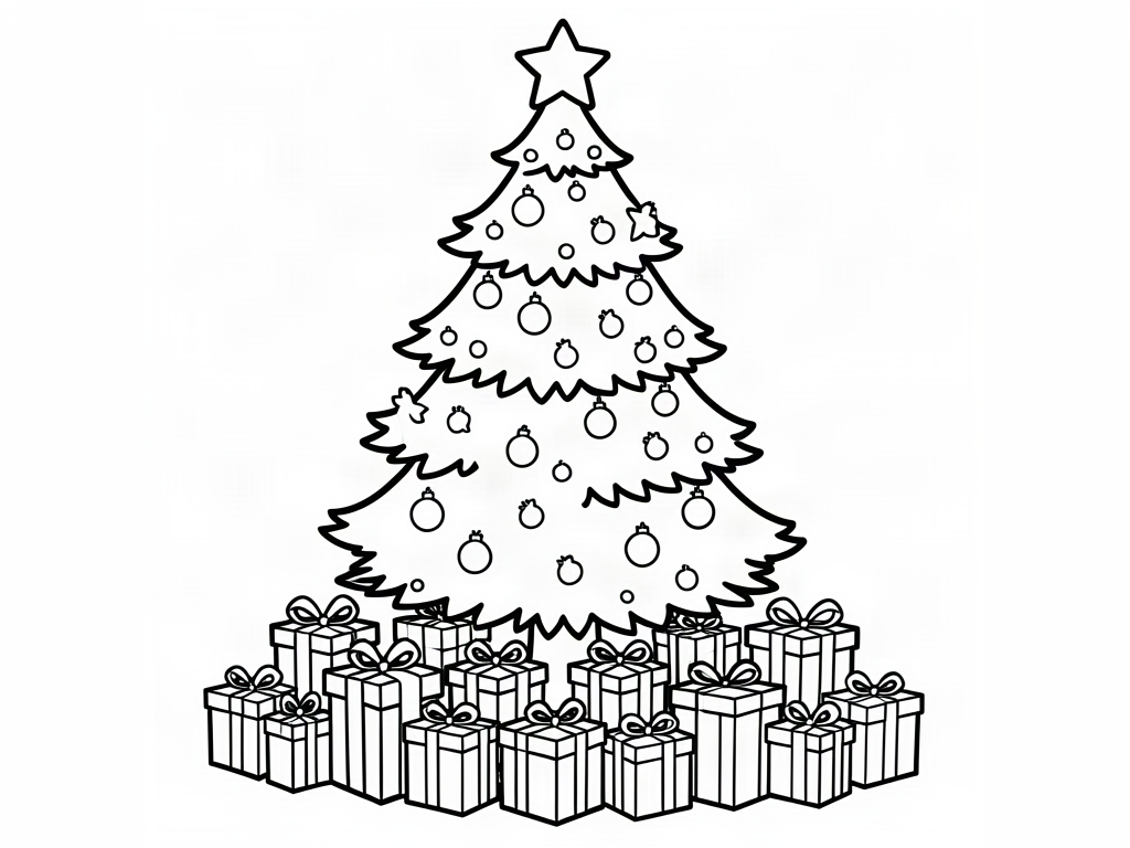 Decorated Christmas tree with a big pile of wrapped presents underneath, coloring page