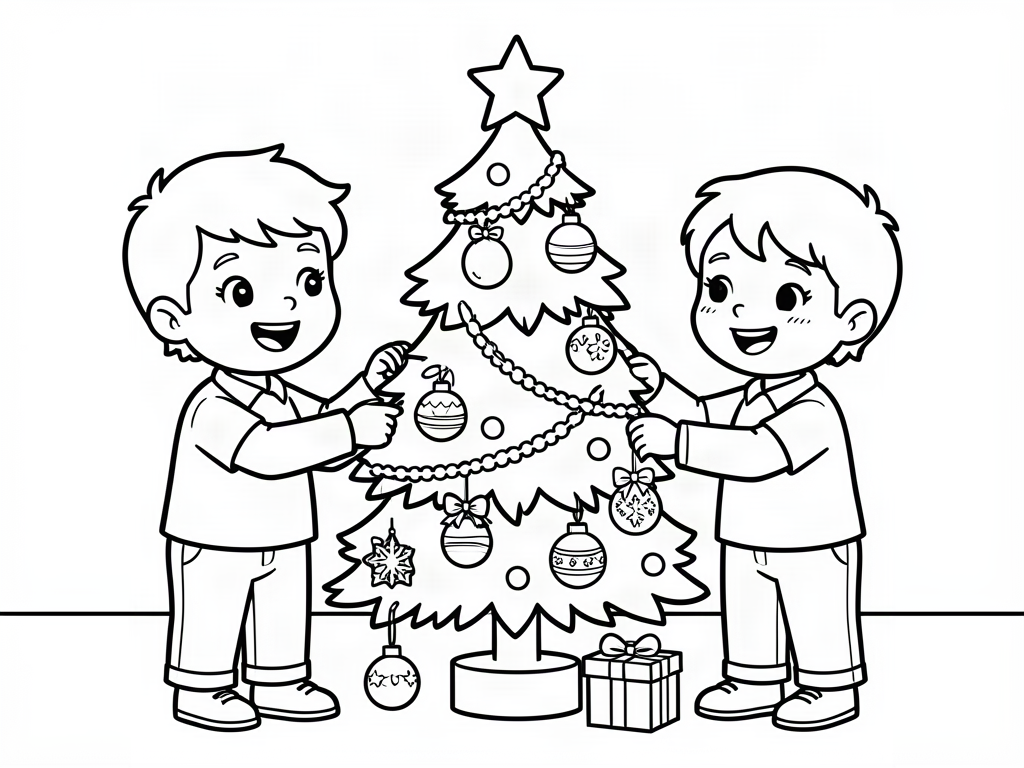 Two kids hanging ornaments on a Christmas tree, Christmas tree coloring page