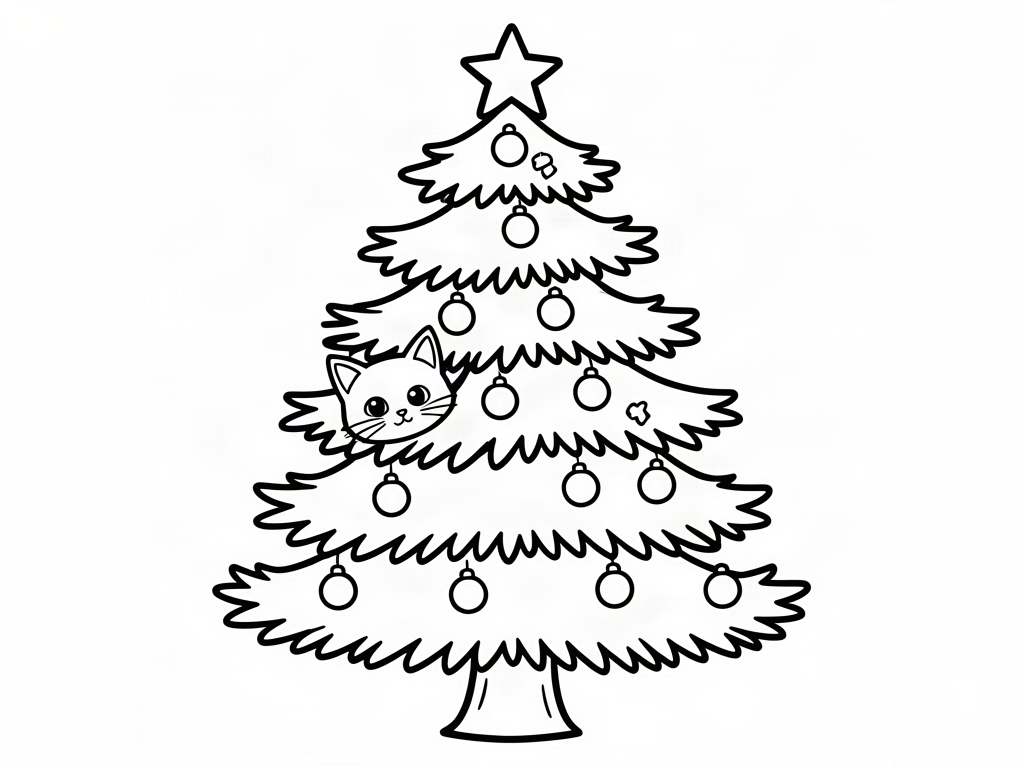 Cat peeking out from the branches of a decorated Christmas tree, coloring page