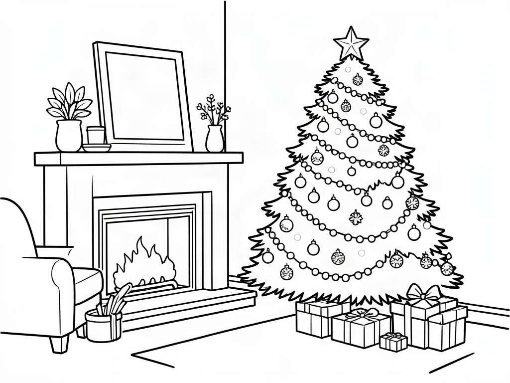 Decorated Christmas tree next to a fireplace in a cozy living room, coloring page