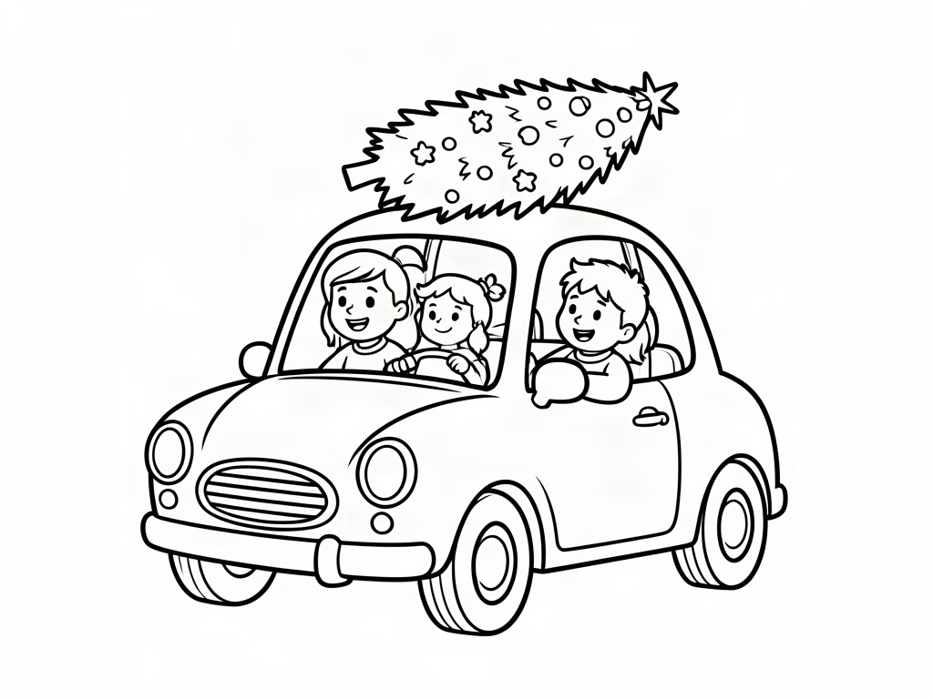 Happy family in a car bringing home a Christmas tree on the roof, coloring page