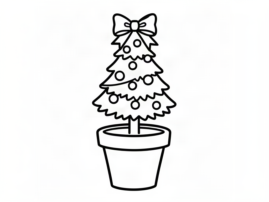 Tiny Christmas tree in a flower pot topped with a bow, Christmas tree coloring page
