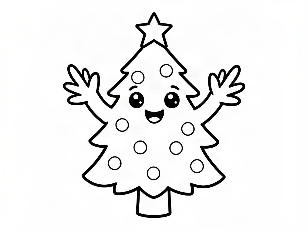 Happy smiling Christmas tree character waving its branches, coloring page