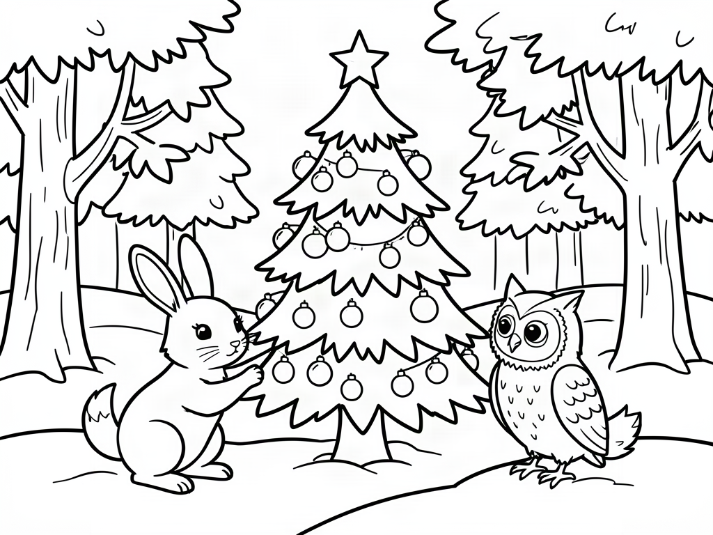 Bunny and owl decorating a pine tree in the snowy woods, Christmas tree coloring page