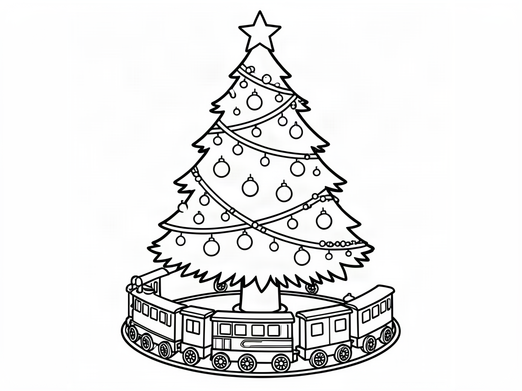 Toy train going around the base of a decorated Christmas tree, coloring page