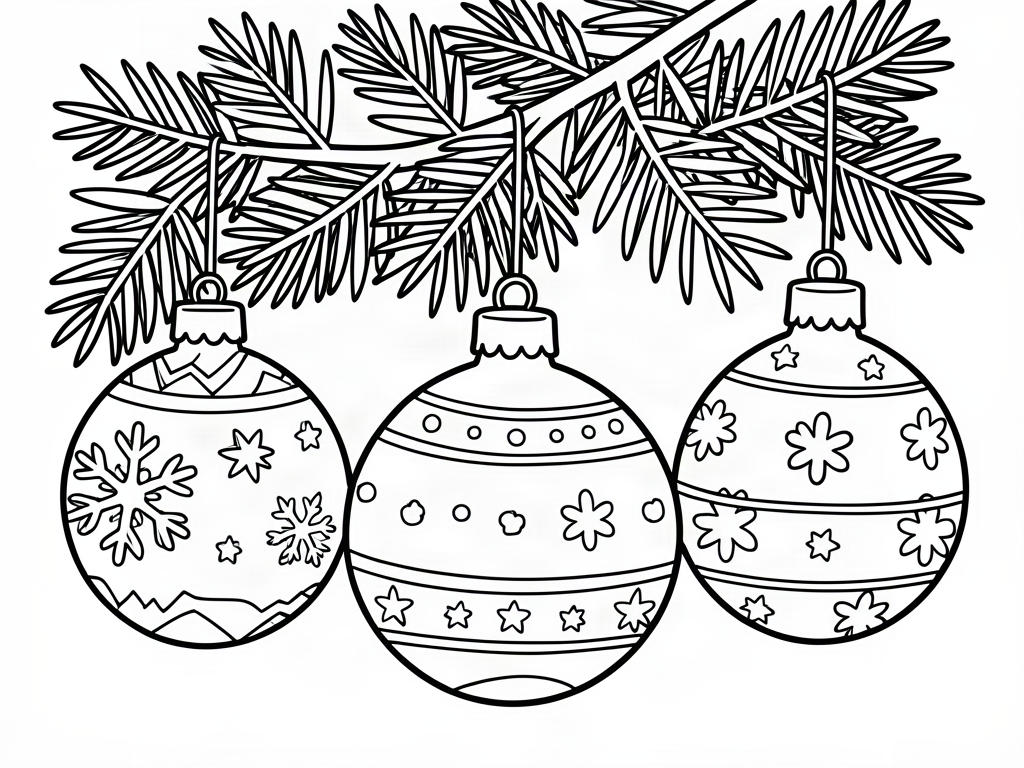 Three patterned Christmas ornament baubles hanging from a pine branch, Christmas tree coloring page