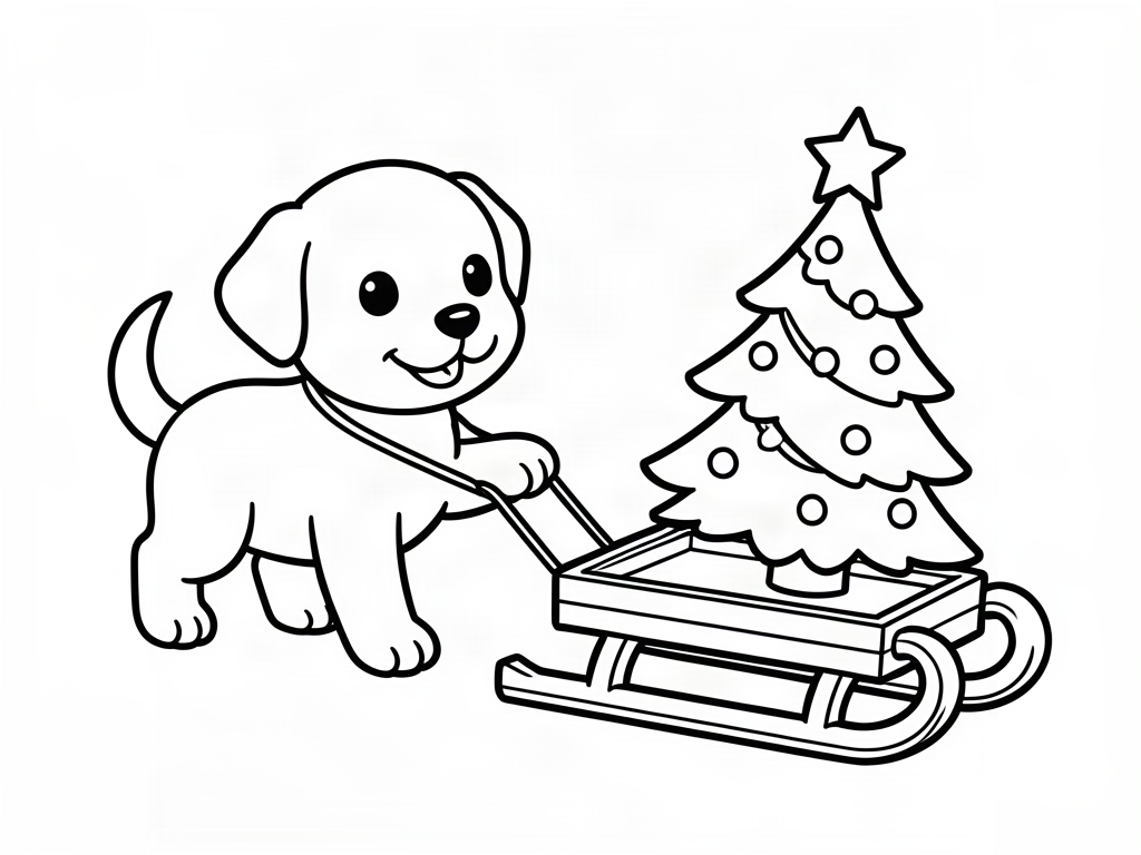 Cute puppy pulling a small decorated Christmas tree on a sled, coloring page