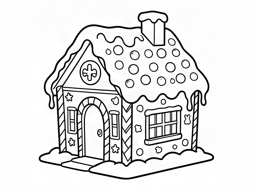 Gingerbread house with an icing roof, candy dots and candy cane corners, Christmas coloring page
