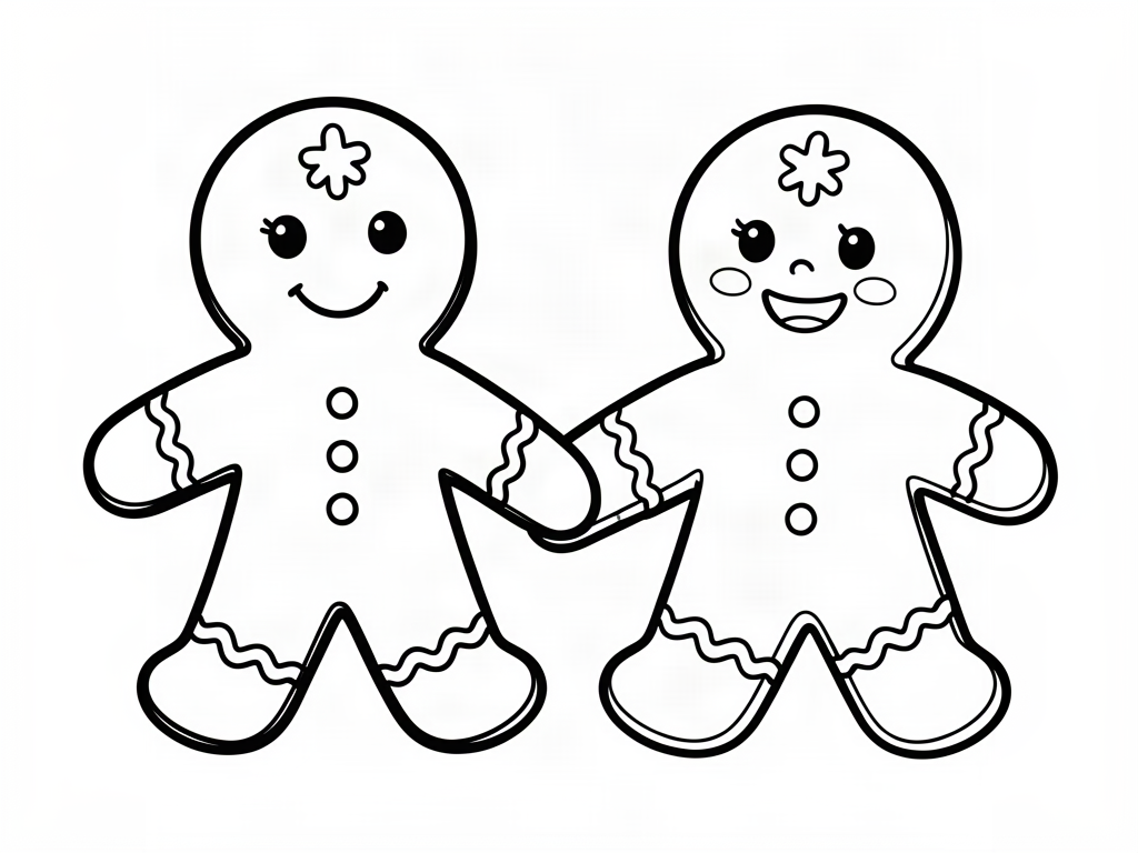 Two smiling gingerbread cookies holding hands, simple Christmas coloring page for toddlers