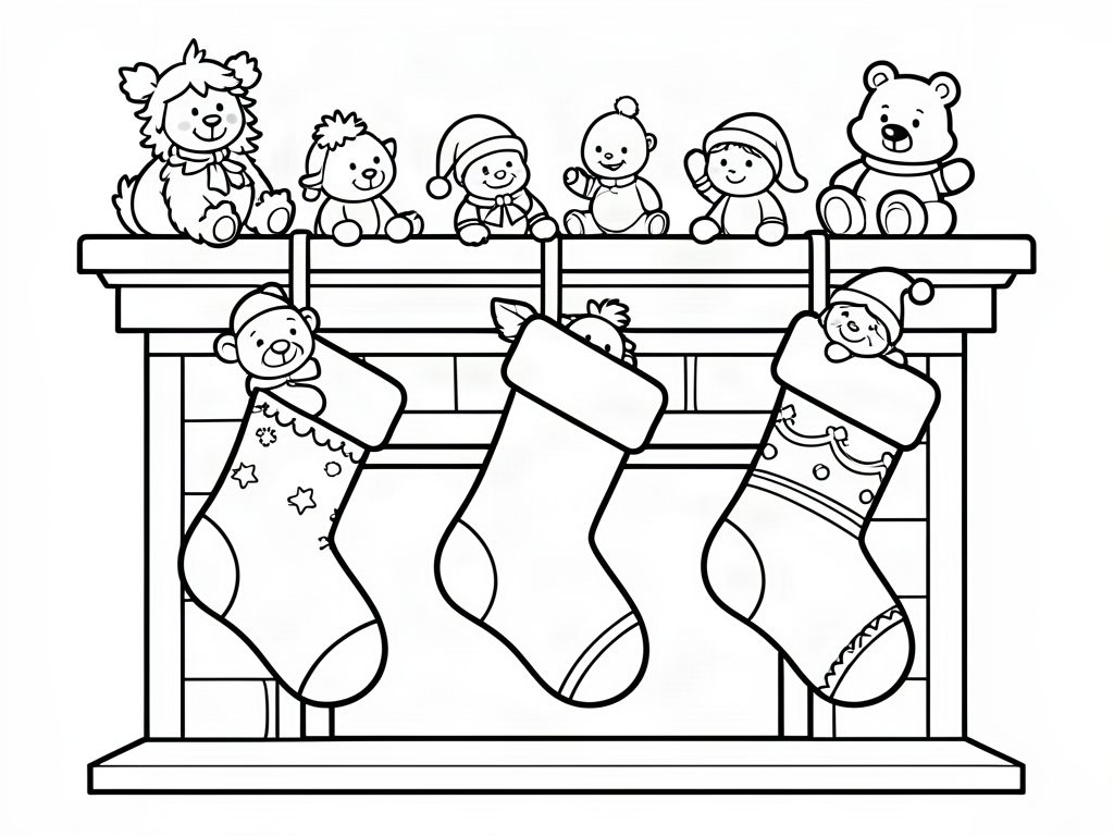 Three Christmas stockings hanging on a fireplace with toys on the mantel, coloring page
