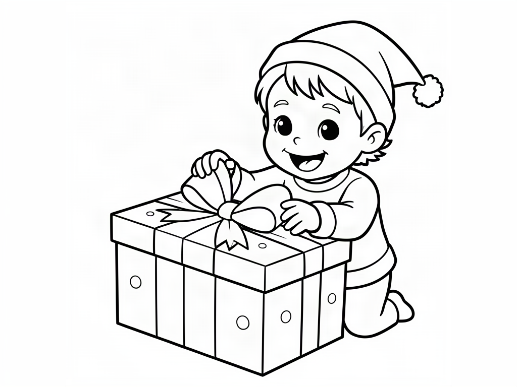 Happy child in a Santa hat opening a big wrapped present, Christmas coloring page