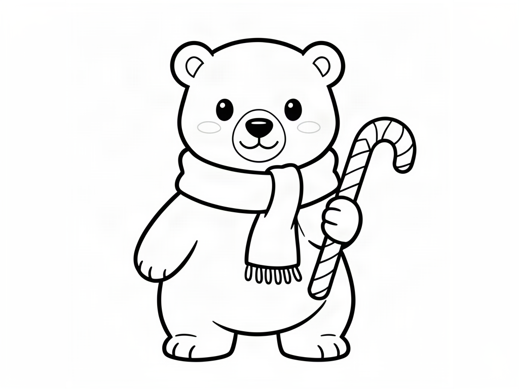 Cute polar bear wearing a scarf and holding a candy cane, Christmas coloring page