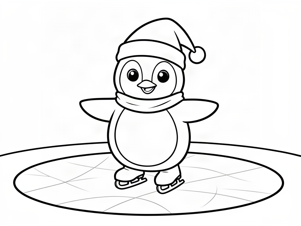 Cute penguin in a Santa hat ice skating on a frozen pond, Christmas coloring page
