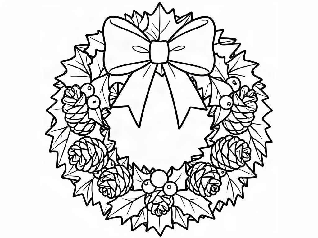 Christmas wreath with a big bow, pinecones and holly berries, coloring page