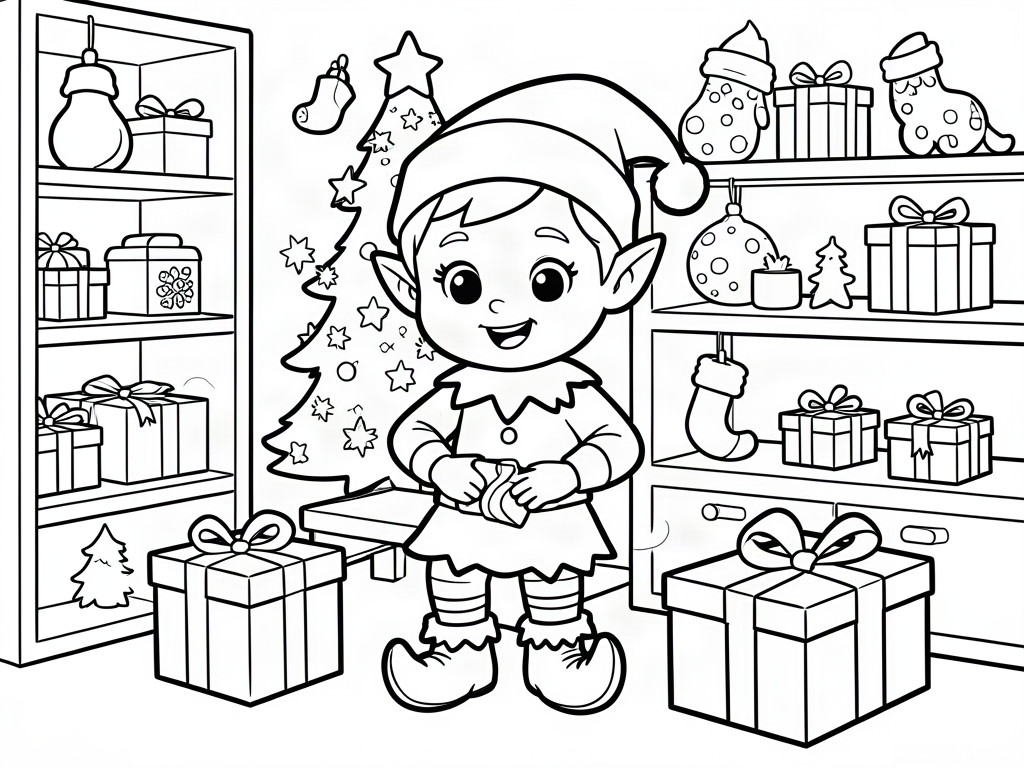 Cheerful elf in a toy workshop full of wrapped presents, Christmas coloring page