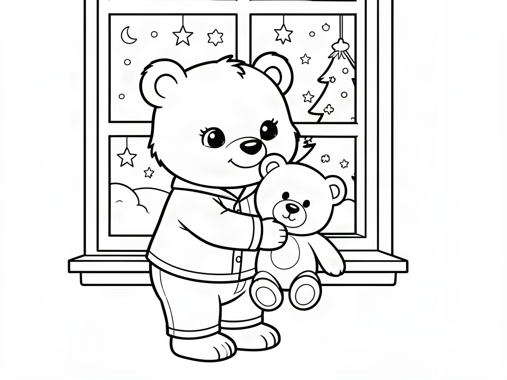 Bear in pajamas hugging a teddy bear by a window on Christmas Eve, coloring page