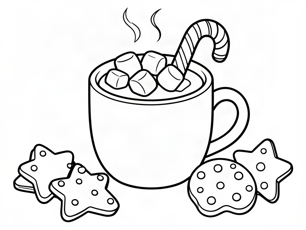 Mug of hot cocoa with marshmallows and a candy cane next to Christmas cookies, coloring page