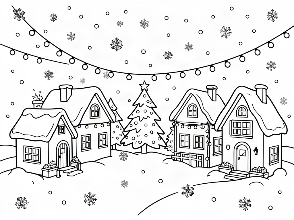 Snowy Christmas village with cottages, string lights and a decorated tree, coloring page