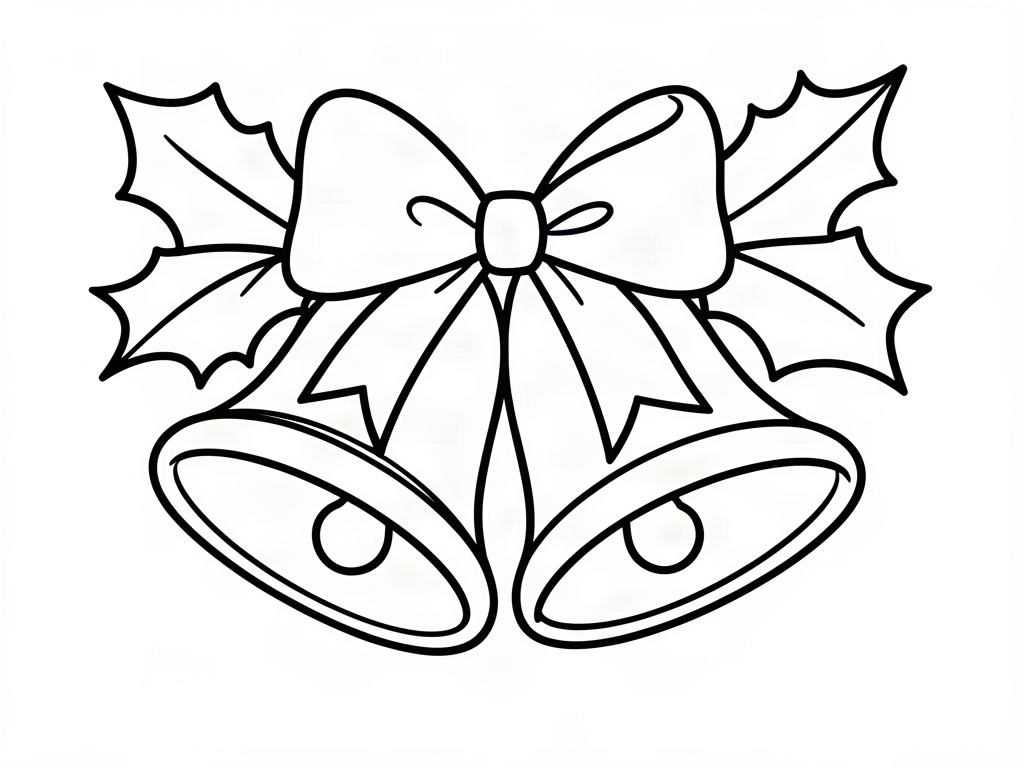 Two jingle bells tied with a ribbon bow and holly leaves, Christmas coloring page