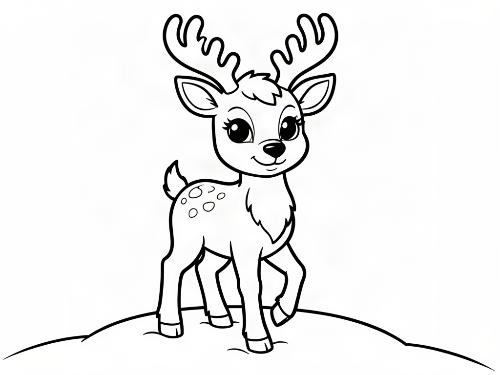 Cute baby reindeer with big eyes standing on a snowy hill, reindeer coloring page