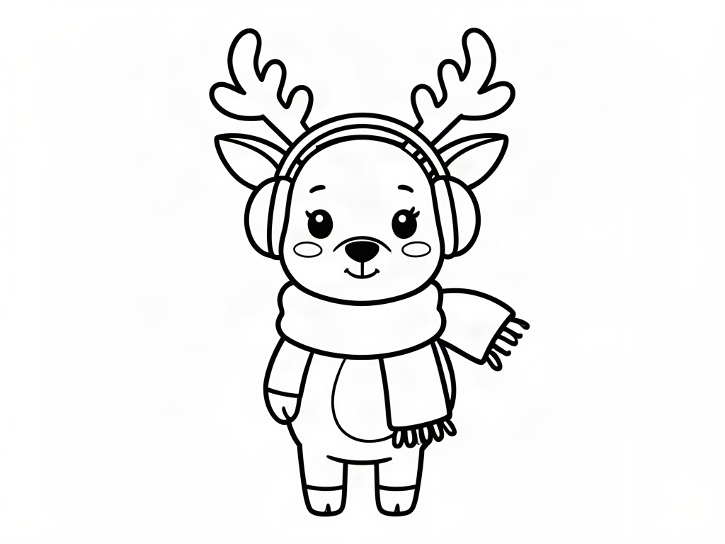 Chubby cute reindeer wearing a scarf and earmuffs, reindeer coloring page