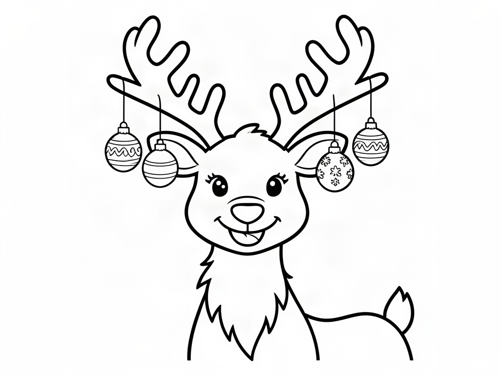 Smiling reindeer with Christmas ornaments hanging from its antlers, reindeer coloring page