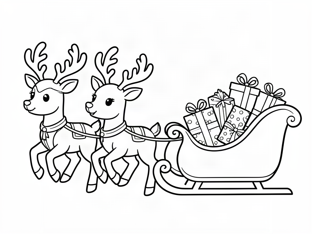 Two cute reindeer pulling a sleigh full of presents, reindeer coloring page