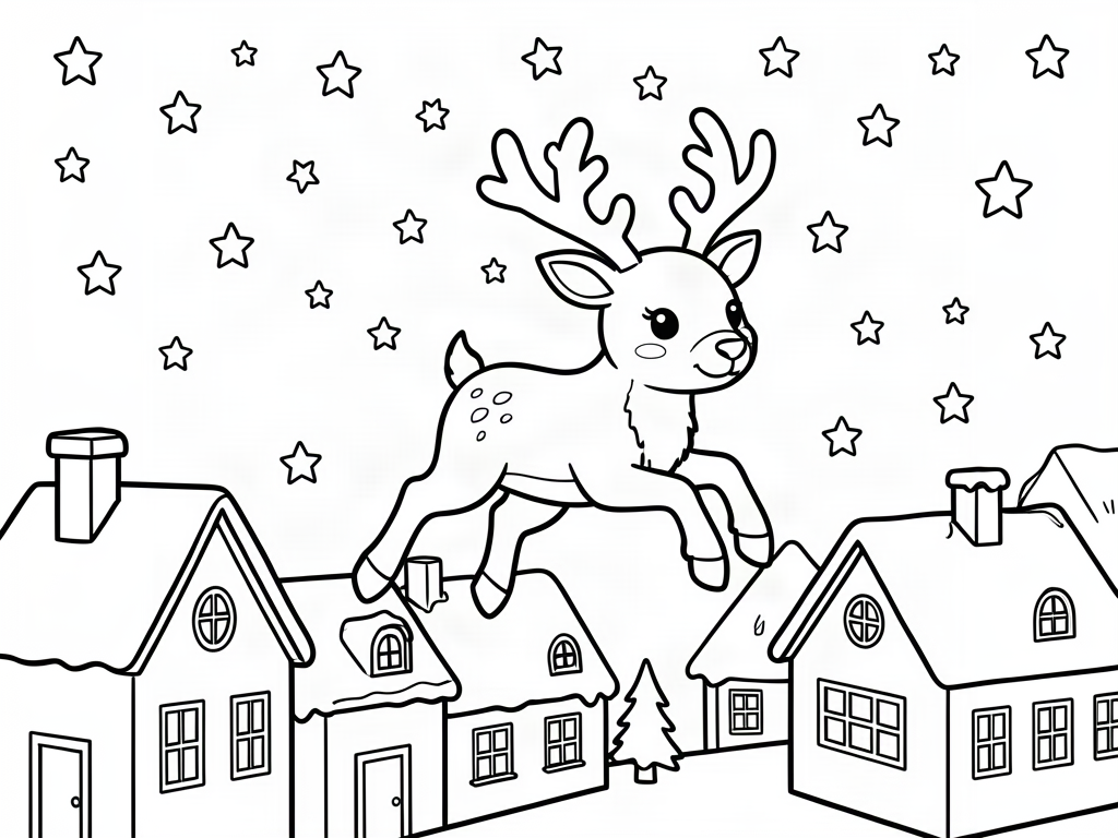 Cute reindeer flying over snowy rooftops under the stars, reindeer coloring page