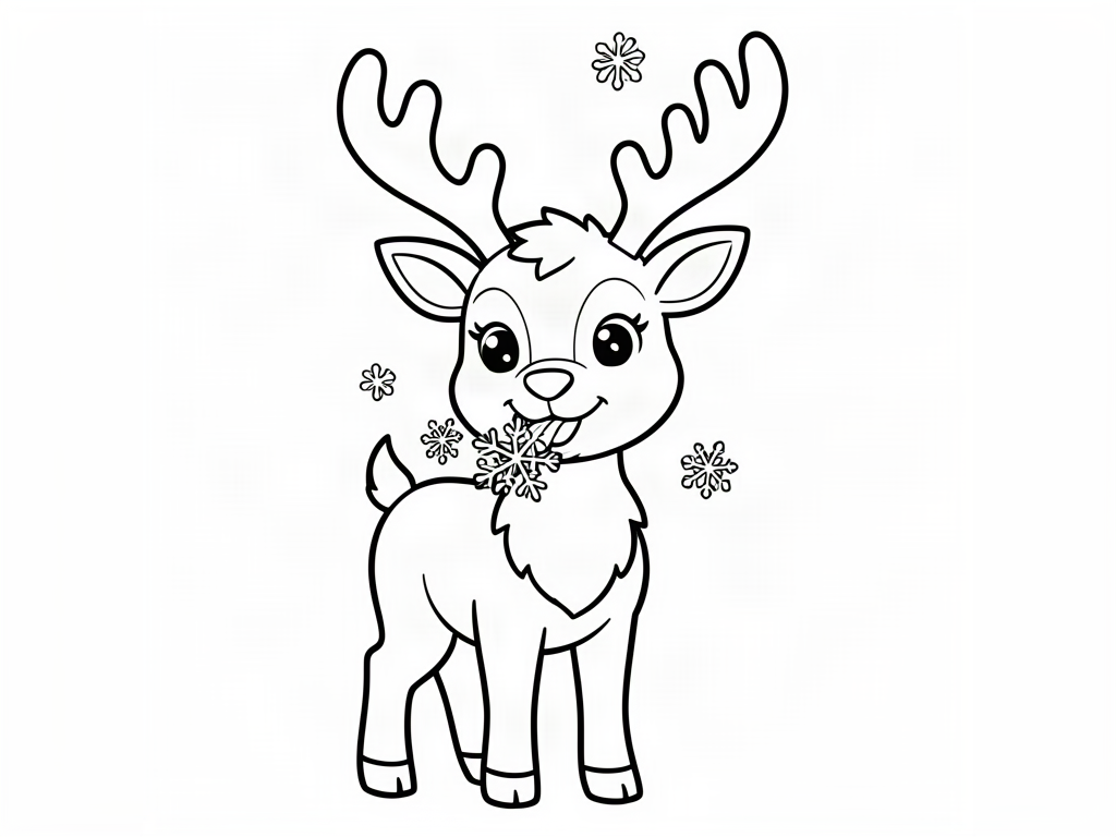Playful reindeer catching a snowflake on its tongue, reindeer coloring page