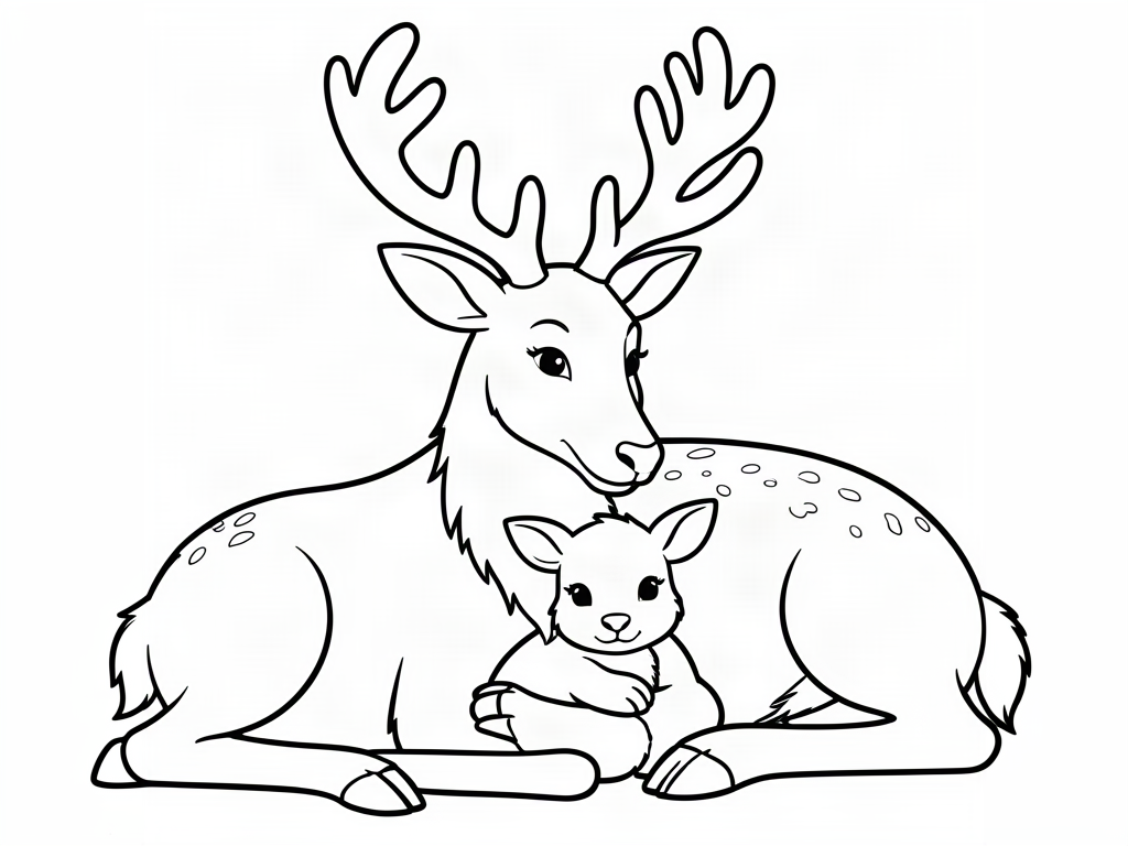 Mother reindeer cuddling her baby reindeer, reindeer coloring page
