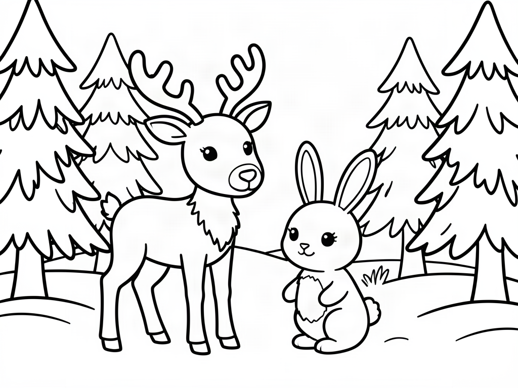 Reindeer and bunny friends in a snowy pine forest, reindeer coloring page