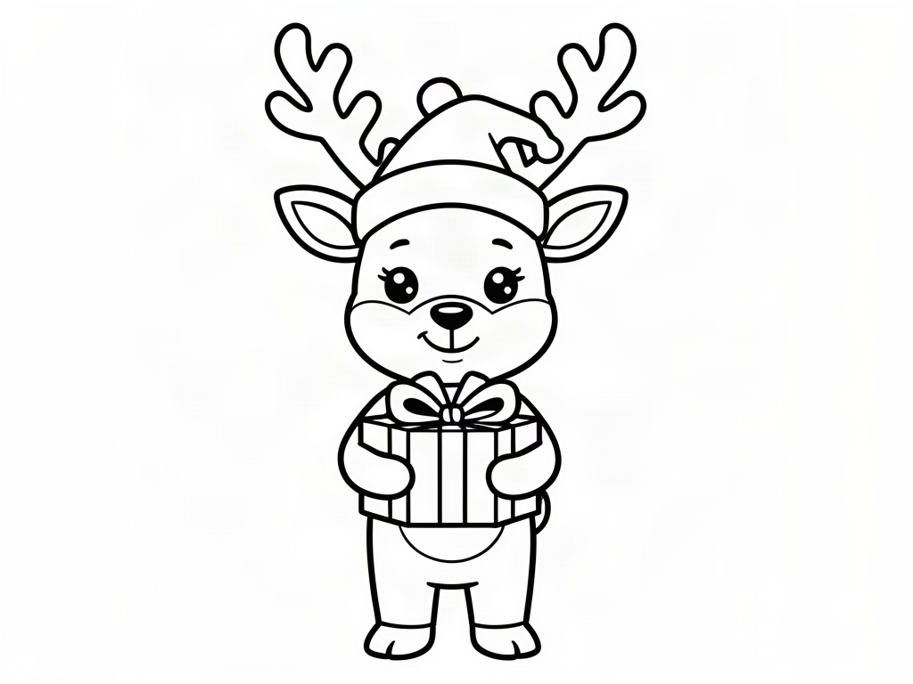 Cute reindeer in a Santa hat holding a wrapped present, reindeer coloring page