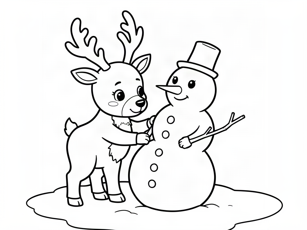 Cute reindeer building a snowman with a top hat, reindeer coloring page