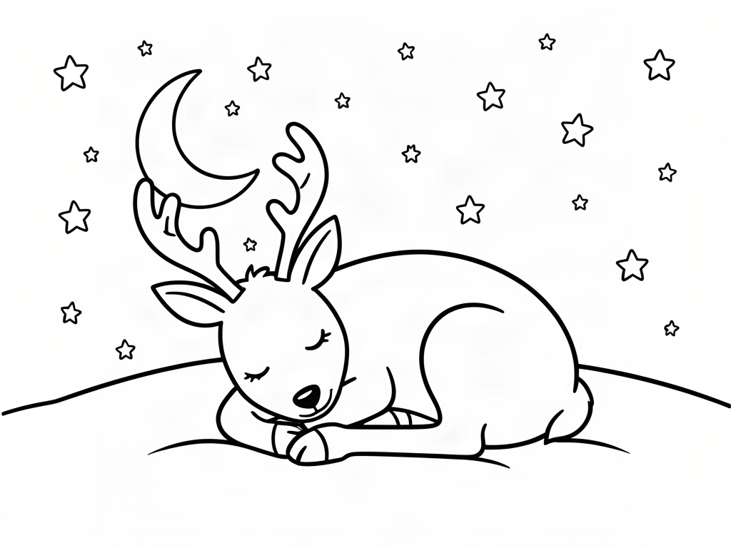Sleepy reindeer curled up in the snow under a crescent moon and stars, reindeer coloring page
