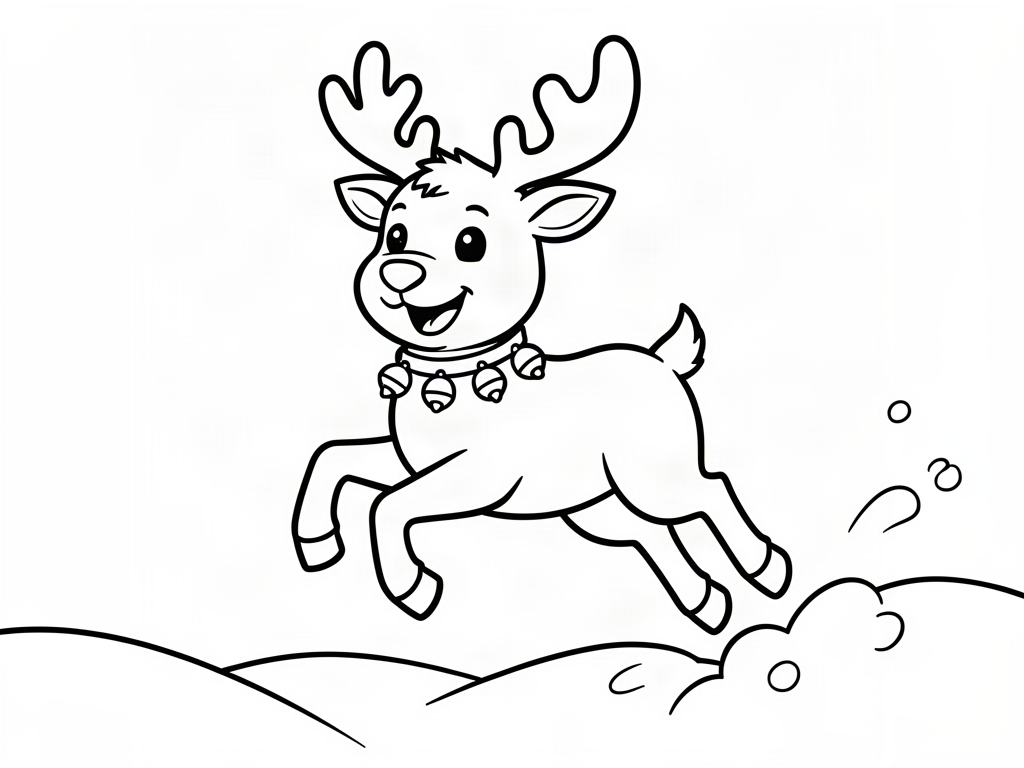 Happy reindeer with a jingle bell collar leaping through the snow, reindeer coloring page