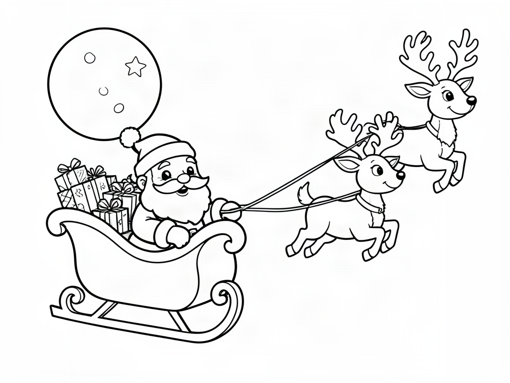 Santa Claus in a sleigh full of presents pulled by two reindeer past the moon, Santa coloring page