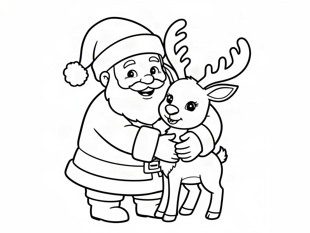 Smiling Santa Claus hugging a cute reindeer, Santa coloring page for kids
