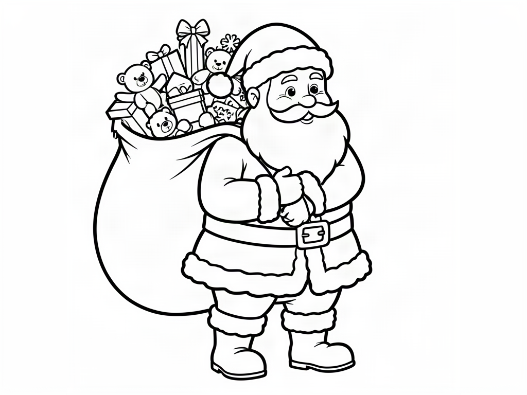 Santa Claus carrying a big sack overflowing with toys and presents, Santa coloring page