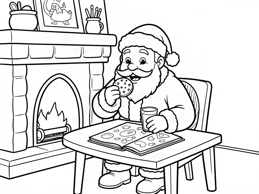 Santa Claus eating a cookie with a glass of milk at a table by the fireplace, Santa coloring page