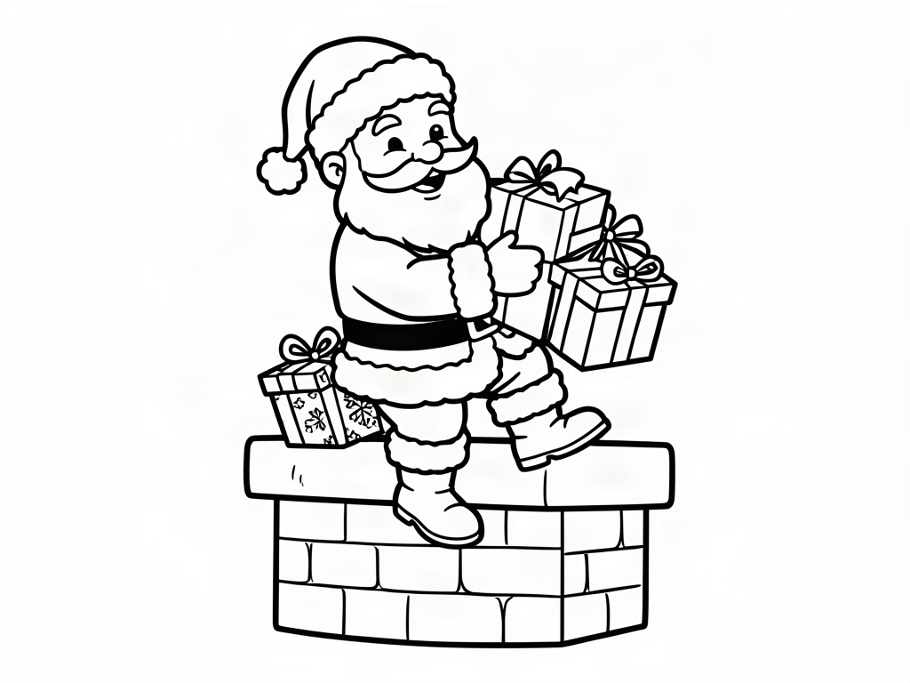 Santa Claus climbing onto a brick chimney holding wrapped presents, Santa coloring page