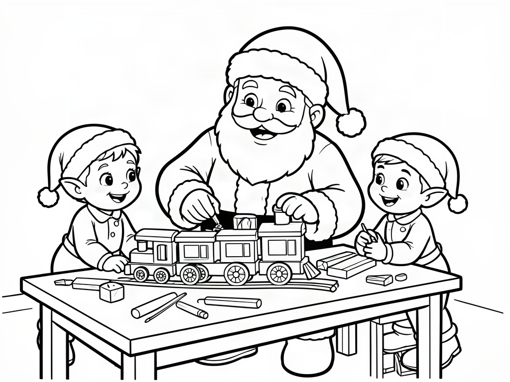 Santa Claus and two elves building a wooden toy train at a workbench, Santa coloring page