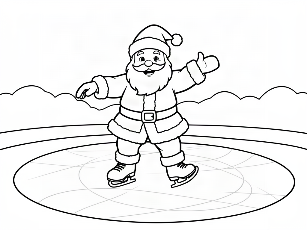 Jolly Santa Claus ice skating on a frozen pond, Santa coloring page