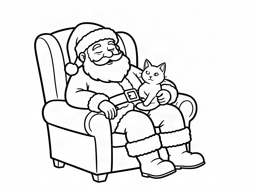 Santa Claus napping in a cozy armchair with a cat on his lap, Santa coloring page