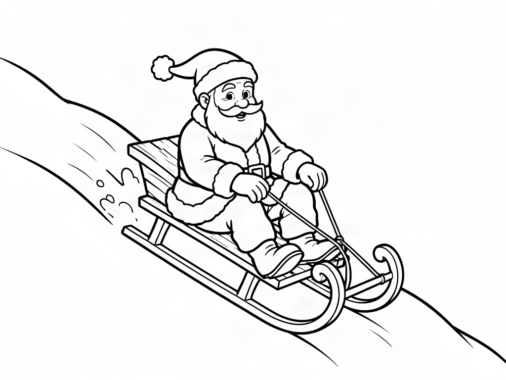 Santa Claus riding a wooden sled down a snowy hill, Santa coloring page