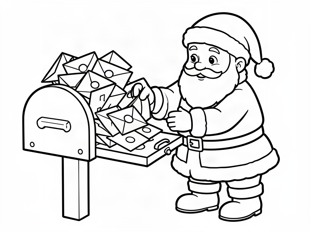 Santa Claus pulling letters from an overflowing mailbox, Santa coloring page