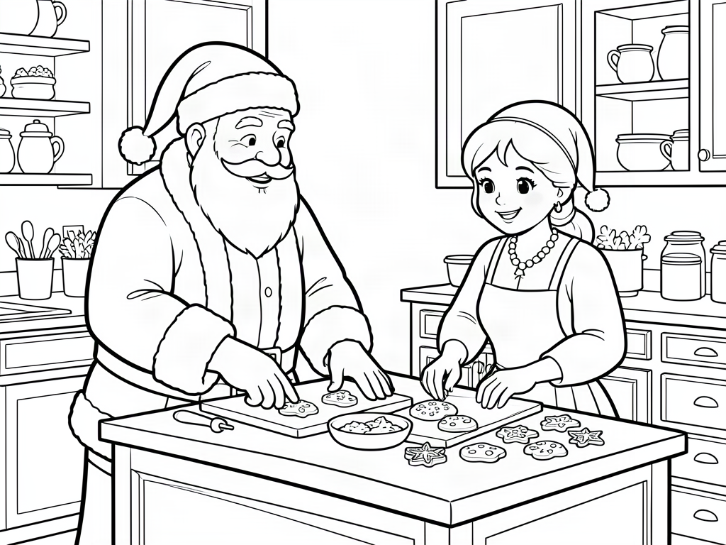 Santa Claus and Mrs. Claus baking Christmas cookies in a cozy kitchen, Santa coloring page
