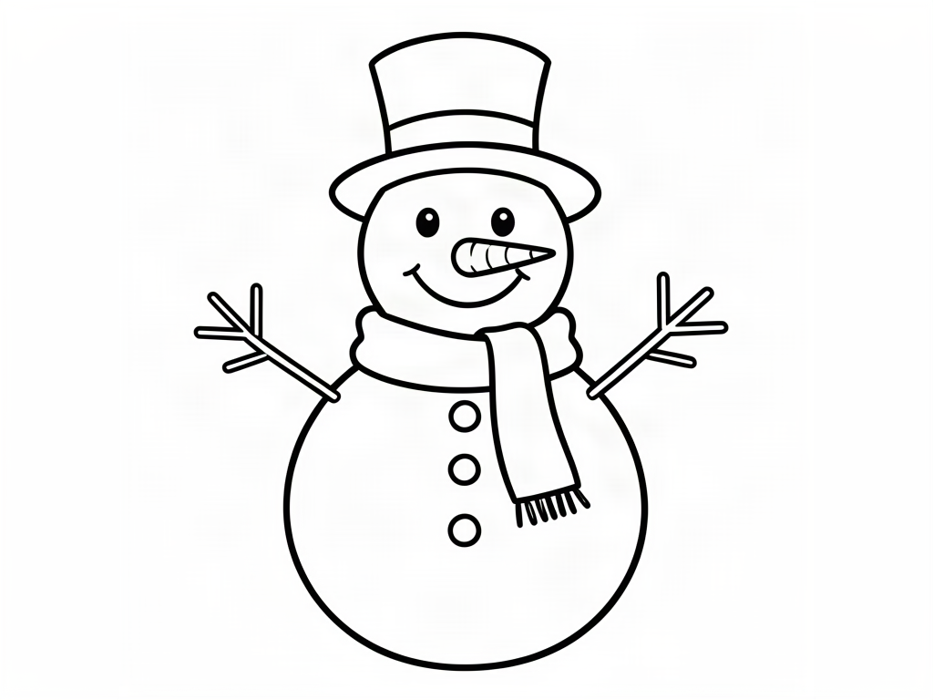 Classic snowman with a top hat, carrot nose, scarf and stick arms, snowman coloring page