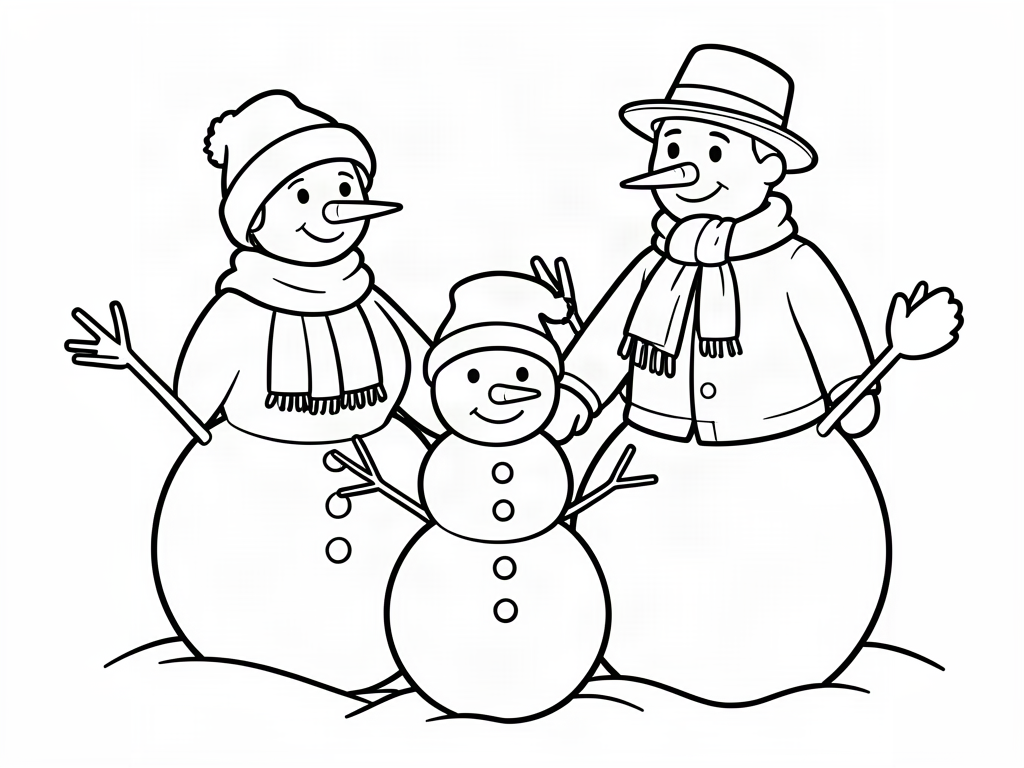 Snowman family with a mom, dad and baby snowman in hats and scarves, snowman coloring page
