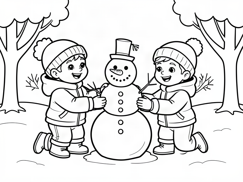 Two kids in winter coats building a snowman in a snowy yard, snowman coloring page